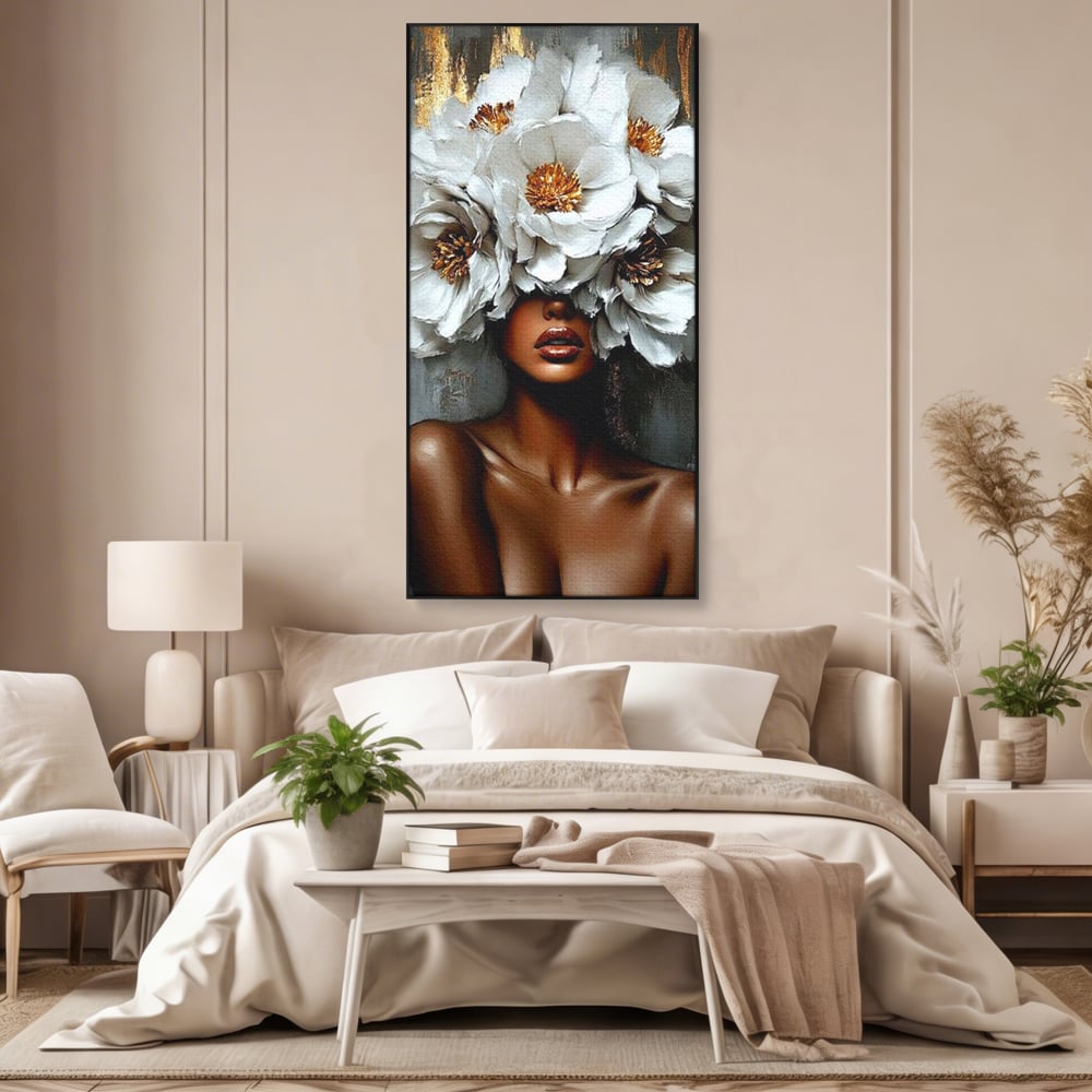 Tablou canvas cu tablou canvas portret femeie cu flori, in rama de aluminiu negru, pe perete intr-un dormitor